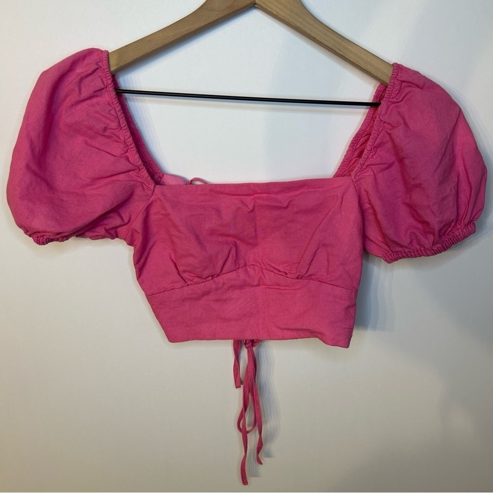 Princess Polly Raphael Puff Sleeve Crop Top in Pink with Tie Back, Size 0 - Picture 2 of 10
